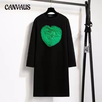 Плюс Размер Женское Осенне-Зимнее Однотонное Платье Круглый Вырез Тонкий Средней Длины с Бархатной Основой XL чёрный