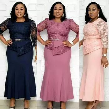 Плюс Размер Женское Осеннее Кружевное Платье В Африканском Стиле Длинная Юбка (XL-5XL) JX020 3XL-46 темно-синий