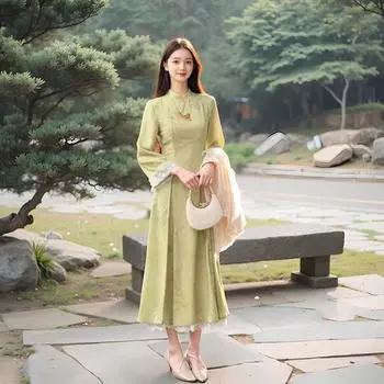 Плюс Размер Женское Осеннее Новое Китайский Стиль Стоячий Воротник Лоток Пряжка Талия Средней Длины Платье 2XL зелёный