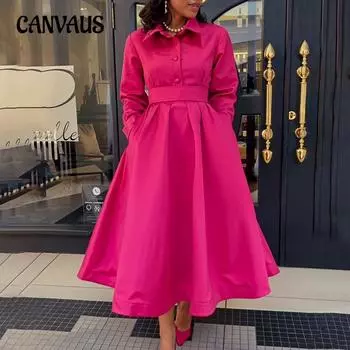 Плюс Размер Женское Осеннее Новое Однотонное Платье А-силуэта С Длинным Рукавом И Отворотом S розы красного