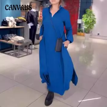 Плюс Размер Женское Осеннее Повседневное Однотонное Свободное Утягивающее Платье с V-образным Вырезом и Длинными Рукавами S чёрный