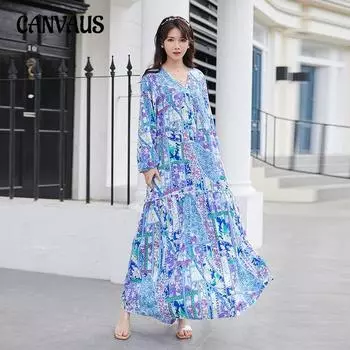 Плюс Размер Женское Осеннее Праздничное Шифоновое Платье С Длинными Рукавами V-образный Вырез Длинное Свободное Платье M светло-синий