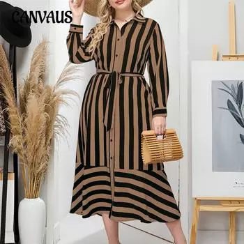 Плюс Размер Женское Осеннее Свободное Ретро Мода Ниша Темперамент Полосатая Рубашка Платье 0XL коричневый
