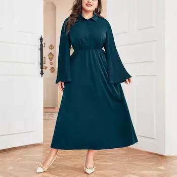 Плюс Размер Женское Осеннее Свободное Винтажное Однотонное Рубашечное Воротник Темпераментное Пригородное Литературное Платье с Завышенной Талией 0XL синий