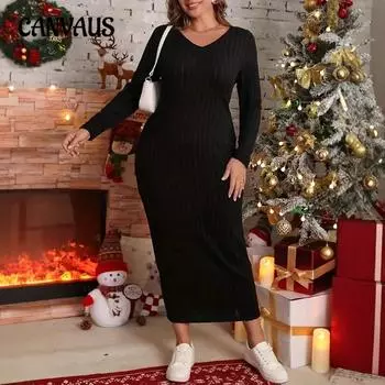 Плюс Размер Женское Осеннее Трикотажное Однотонное Платье С Длинным Рукавом V-образным Вырезом 0XL чёрный