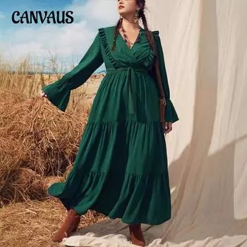 Плюс Размер Женское Осеннее Винтажное Темпераментное Утягивающее Талию Пэчворк Оборками Дизайн Элегантное Платье 0XL темно-зеленого