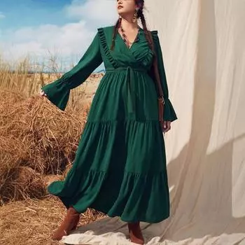 Плюс Размер Женское Осеннее Винтажное Темпераментное Утягивающее Талию Пэчворк Оборками Дизайн Элегантное Платье 0XL темно-зеленого