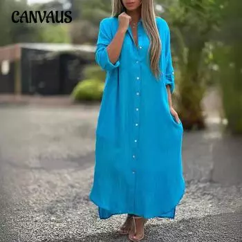 Плюс размер женское платье хлопок льняная рубашка длинное платье модные повседневные платья-кардиган с длинным рукавом