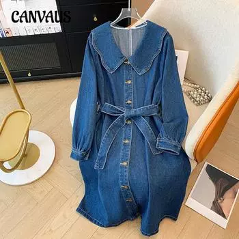 Плюс Размер Женское Платье Кукольный Вырез Талия Винтажные Джинсовые Платья 2XL синий