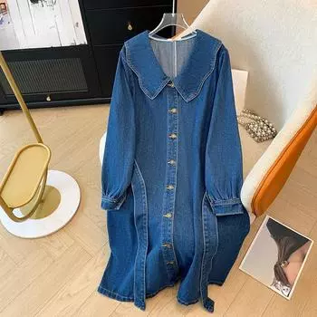 Плюс Размер Женское Платье Кукольный Вырез Талия Винтажные Джинсовые Платья 4XL синий