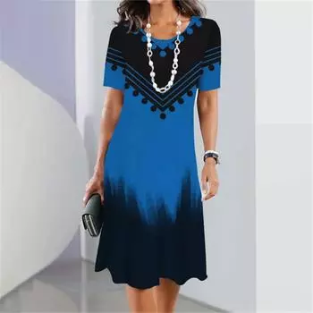 Плюс Размер Женское Платье Летнее Платье С Коротким Рукавом и Принтом 3D Пэчворк Элегантное Свободное Повседневное Платье А-силуэта Женский Сарафан Большого Размера S