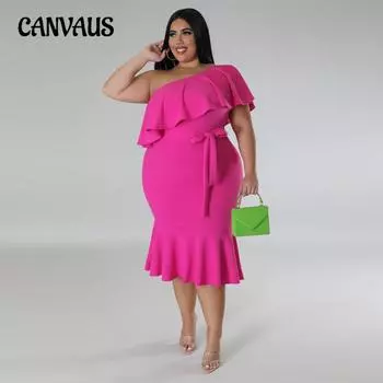 Плюс Размер Женское Платье Модные Повседневные Платья-футляры Миди С Оборками L розы красного
