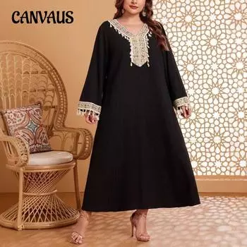 Плюс Размер Женское Платье Осеннее Этническое Стиль Вышивка Длинный Рукав V-образный Вырез Прикрывает Живот Возраст Утягивающее Длинное Платье А-силуэта 0XL чёрный