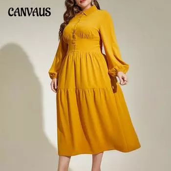 Плюс Размер Женское Платье Осеннее Простое Темпераментное Платье С Эластичной Спиной Талией Длинные Рукава Платья 0XL жёлтый