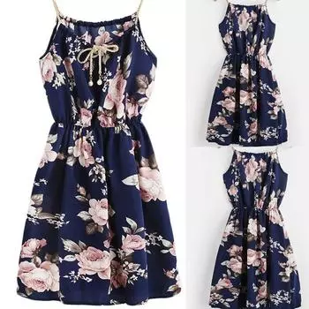Плюс размер женское платье с цветочным принтом на тонких бретельках летнее мини-платье трапециевидной формы с талией L синий
