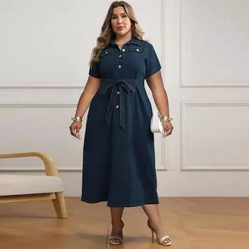 Плюс размер Женское платье с лацканами и короткими рукавами спереди с открытой грудью Повседневное платье 2025 года для вечеринок Весна Лето Элегантные повседневные платья Y2k XL тёмно-синий