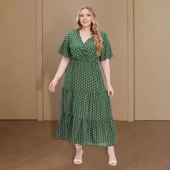 Плюс Размер Женское Платье V-образный вырез Короткий рукав Оборка Сращивание струящийся подол Платье Миди Принт в Горошек Официальное Платье Повседневная Одежда XL зелёный
