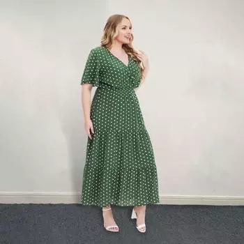 Плюс Размер Женское Платье V-образный вырез Короткий рукав Оборка Сращивание струящийся подол Платье Миди Принт в Горошек Официальное Платье Повседневная Одежда XL зелёный