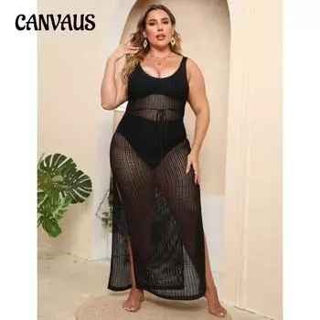 Плюс размер женское пляжное платье-майка сексуальная открытая прозрачная тканая рубашка с разрезом бикини накидки 1XL чёрный