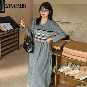 Плюс Размер Женское Повседневное Цветное Контрастное Полосатое Платье Трикотажное Платье, Утягивающее Талию XL чёрный