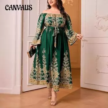 Плюс Размер Женское Ретро Дворцовый Стиль Фонарь Длинный Рукав Одна Линия Плеча Талия Принт Элегантное Длинное Платье 0XL зелёный