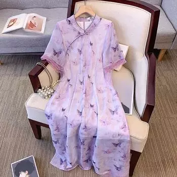 Плюс размер женское ретро новое китайское платье ципао в национальном стиле молодежное платье 2XL фиолетовый