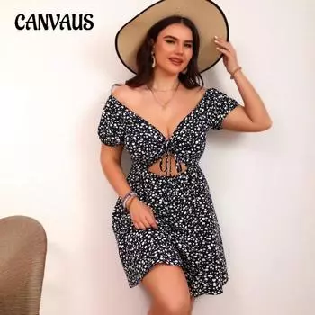 Плюс Размер Женское Сексуальное Цветочное Платье с Коротким Рукавом и V-образным Вырезом 0XL