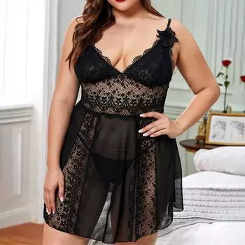 Плюс Размер Женское Сексуальное Кружевное Прозрачное Мини-Платье Babydoll Нижнее Белье Пижамы Пижамы M чёрный