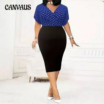 Плюс Размер Женское Темпераментное Цветное Контрастное Горошек V-образный вырез Короткие рукава Платье с Запахом на бедрах 1XL темно-синий