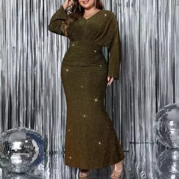 Плюс Размер Женское Вечернее Платье V-образный вырез Длинный рукав Высокая талия Обтягивающее Длинное Платье Однотонное Блестящее Платье Рыбий Хвост XL зелёный