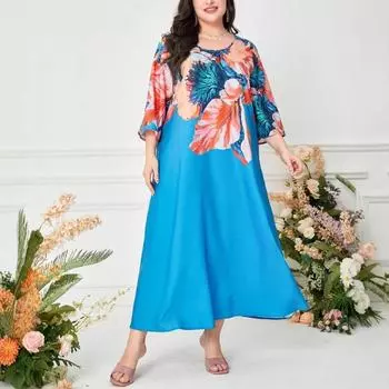 Плюс Размер Женское Винтажный Принт Национальный Стиль Элегантное Длинное Платье 0XL синий
