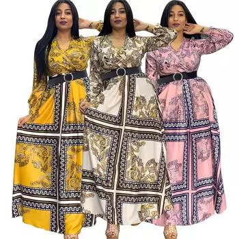 Плюс размер женское весенне-осеннее модное платье с длинными рукавами женское элегантное цельное свободное платье с принтом и поясом XL жёлтый