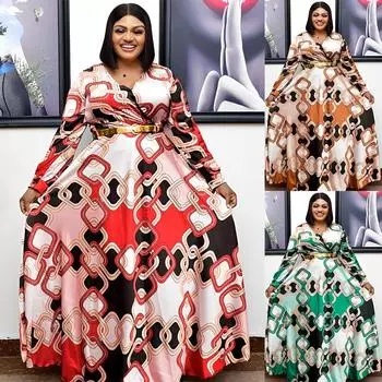 Плюс размер женское весенне-осеннее модное трикотажное платье с длинными рукавами женское цельное платье с v-образным вырезом полной длины и принтом XL хаки