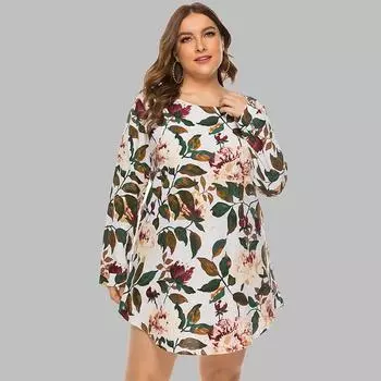 Плюс размер женское весенне-осеннее свободное платье-рубашка с длинным рукавом с круглым вырезом и принтом L-5XL L бежевый