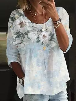 Плюс размер женской моды летняя рубашка повседневная рубашка с короткими рукавами и принтом M синий