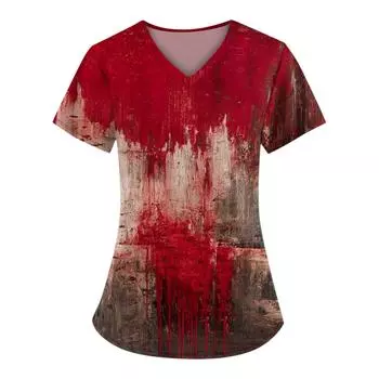 Плюс размерСкраб с принтом Рабочая форма Топы для женщин Крест V-образным вырезом Хэллоуин Принт с короткими рукавами Забавные футболки Спецодежда Футболка с карманами XL