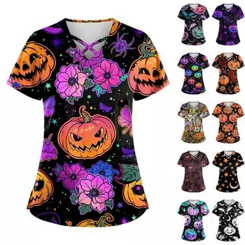 Плюс размерСкраб с принтом Рабочая форма Топы для женщин Крест V-образным вырезом Хэллоуин Принт с короткими рукавами Забавные футболки Спецодежда Футболка с карманами M чёрный