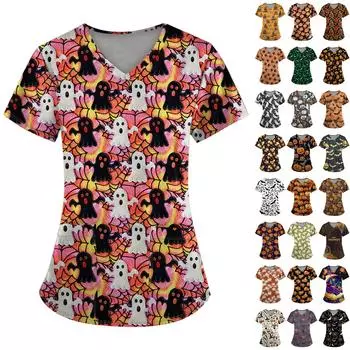 Плюс размерСкраб с принтом Рабочая форма Топы для женщин Крест V-образным вырезом Хэллоуин Принт с короткими рукавами Забавные футболки Спецодежда Футболка с карманами XXXL