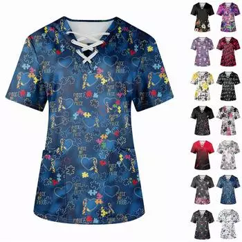 Плюс размерСкраб с принтом Рабочая форма Топы для женщин Крест V-образным вырезом Хэллоуин Принт с короткими рукавами Забавные футболки Спецодежда Футболка с карманами L чёрный