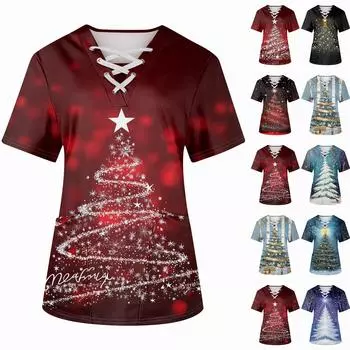 Плюс размерСкраб с принтом Рабочая форма Топы для женщин Крест V-образным вырезом Хэллоуин Принт с короткими рукавами Забавные футболки Спецодежда Футболка с карманами L чёрный