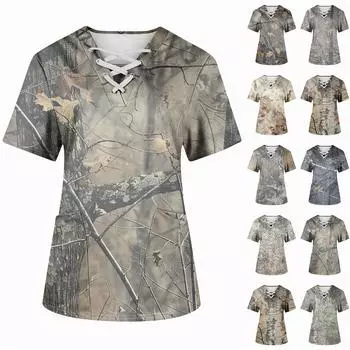 Плюс размерСкраб с принтом Рабочая форма Топы для женщин Крест V-образным вырезом Хэллоуин Принт с короткими рукавами Забавные футболки Спецодежда Футболка с карманами L бежевый