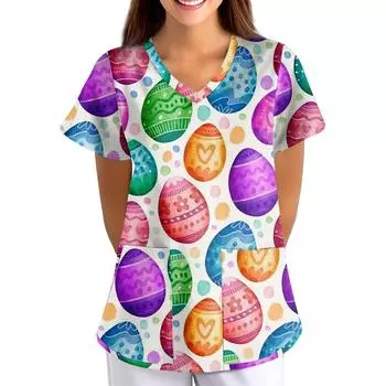 Плюс размерСкраб с принтом Рабочая форма Топы для женщин Крест V-образным вырезом Хэллоуин Принт с короткими рукавами Забавные футболки Спецодежда Футболка с карманами XXL