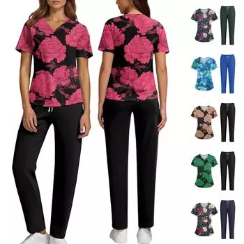 Плюс размерСкраб с принтом Рабочая форма Топы для женщин Крест V-образным вырезом Хэллоуин Принт с короткими рукавами Забавные футболки Спецодежда Футболка с карманами L бежевый