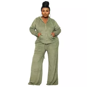 Плюс размеры, осенне-зимняя женская куртка, комплект брюк, однотонный повседневный комплект с высокой талией, широкие брюки, костюм из двух предметов L чёрный