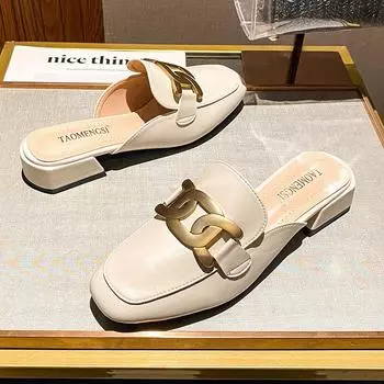 Plus Size 33 -43 Women Slip On Sandals Fashion Leather Med Heel Summer Slippers Sandals Outdoor Leisure Shoes Female Lady Slides 41 бежевый