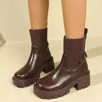 Plus size 35-43 women s short boots Winter Fashion Mid-calf Slip-on PU leather Boots Round-toe Thick-soled Non slip women s boot 35 чёрный