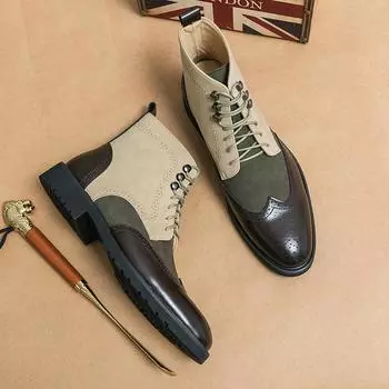 Большие размеры 38-48 Чернильно-зеленые мужские модные высокие ботинки челси Ботинки-броги на шнуровке Мужские деловые ботинки Мотоциклетные ботинки Зимние 38 зелёный