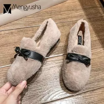 Plus Size 42/43 Rabbit Fur Shoes Woman Leather Belt Strap Flats Furry Moccasins Plush Warm Footwear Winter Snow Fluffy Loafers 5 чёрный