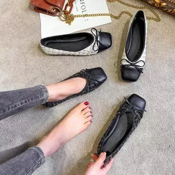 Plus Size 44 Ballerina Flats Round Toe Shoes Woman Tweed Comfortable Slip on Flat Shoes Ladies Maternity Shoes Zapatos 32 чёрный