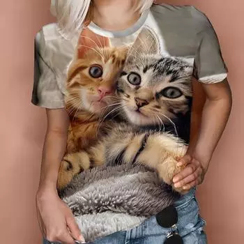 Плюс размер 7XL Летняя повседневная свободная футболка с принтом кота Темперамент Женская футболка с круглым вырезом Футболки женские 7XL